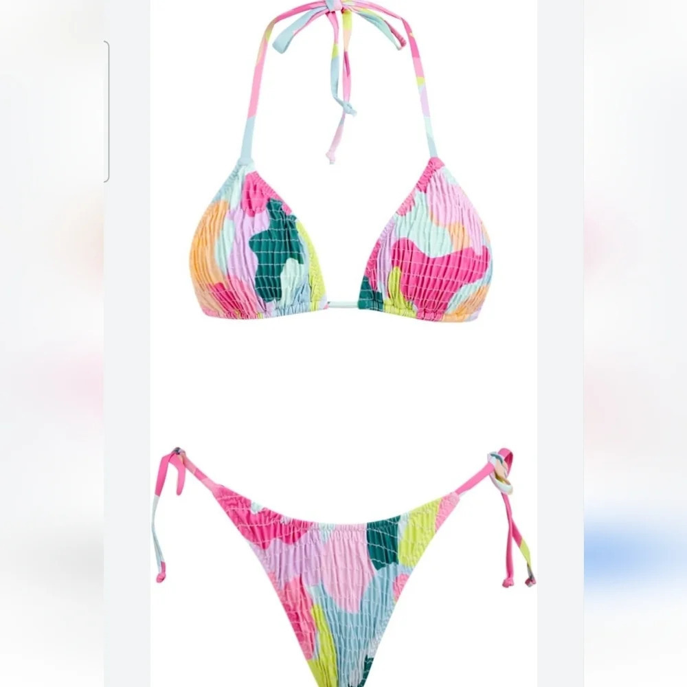 VOLAFA Women's Triangle Bikini String Swimsuit Print Tie Smocked. Size medium